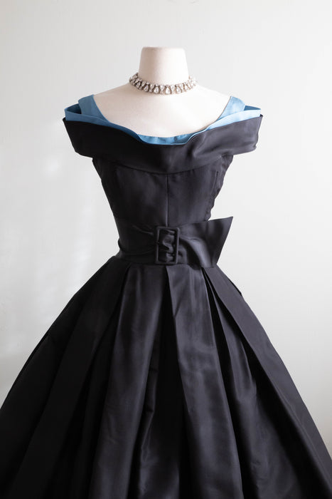 Iconic 1950's Nettie Rosenstein Silk Taffeta Cocktail Dress With Cerulean Neckline / XS