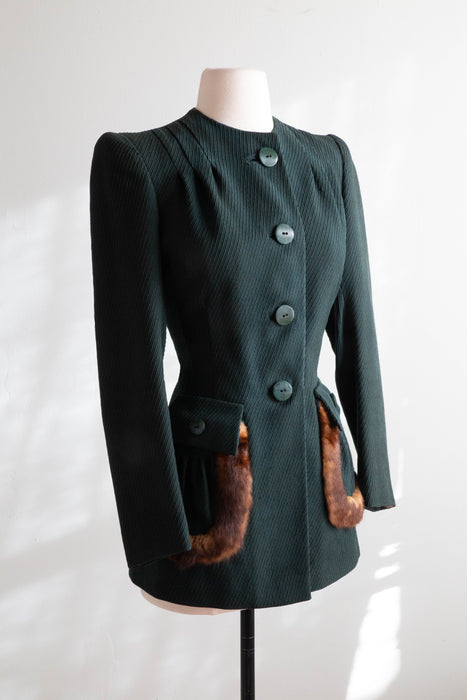 Rare 1940's Forest Green Fitted Jacket With Fur Accented Pockets / Small