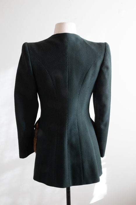 Rare 1940's Forest Green Fitted Jacket With Fur Accented Pockets / Small