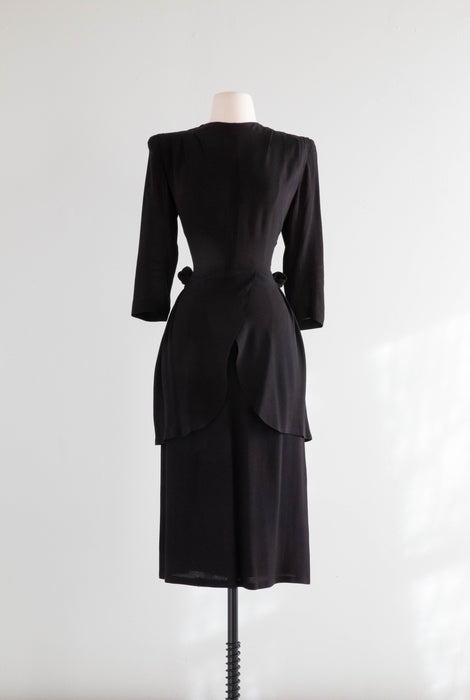 Wickedly Sexy 1940's Black Rayon Crepe Cocktail Dress / Small