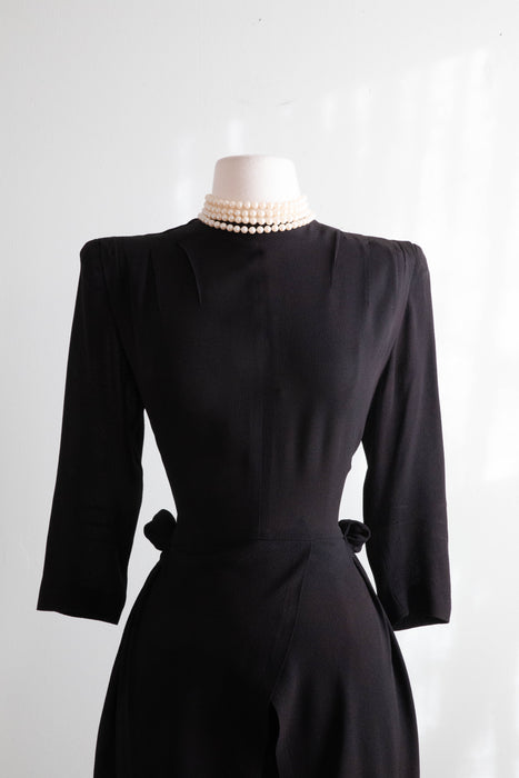 Wickedly Sexy 1940's Black Rayon Crepe Cocktail Dress / Small