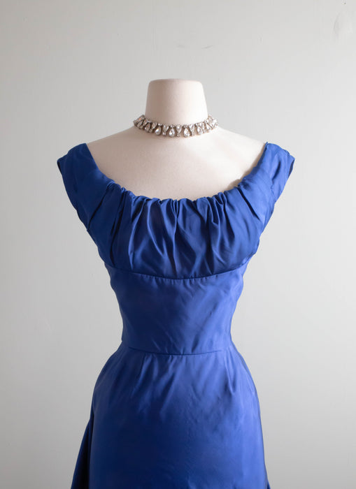 Divine 1950's Sapphire Blue Silk Cocktail Dress With Flared Back / XS
