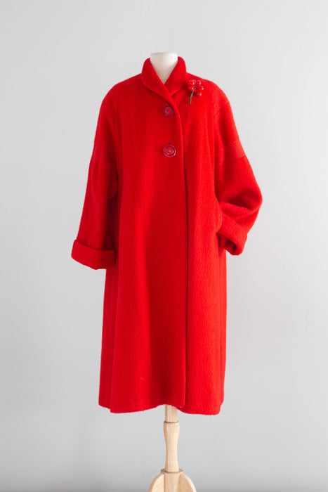 Fabulous 1950's Cherry Red Lamaloft Llama & Wool Swing Coat / XL