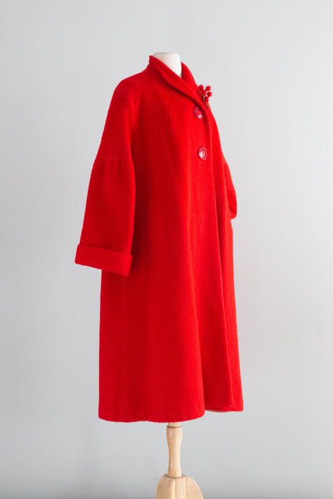 Fabulous 1950's Cherry Red Lamaloft Llama & Wool Swing Coat / XL