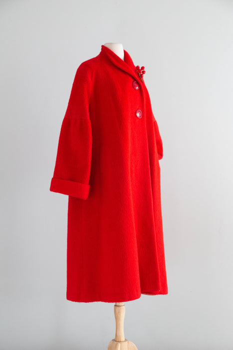 Fabulous 1950's Cherry Red Lamaloft Llama & Wool Swing Coat / XL