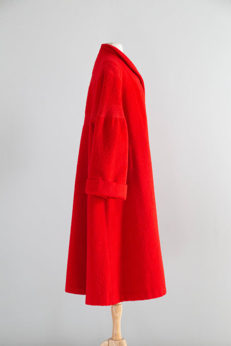 Fabulous 1950's Cherry Red Lamaloft Llama & Wool Swing Coat / XL