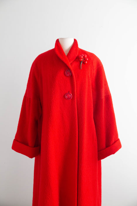 Fabulous 1950's Cherry Red Lamaloft Llama & Wool Swing Coat / XL