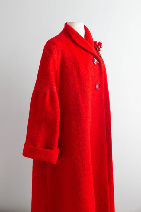 Fabulous 1950's Cherry Red Lamaloft Llama & Wool Swing Coat / XL