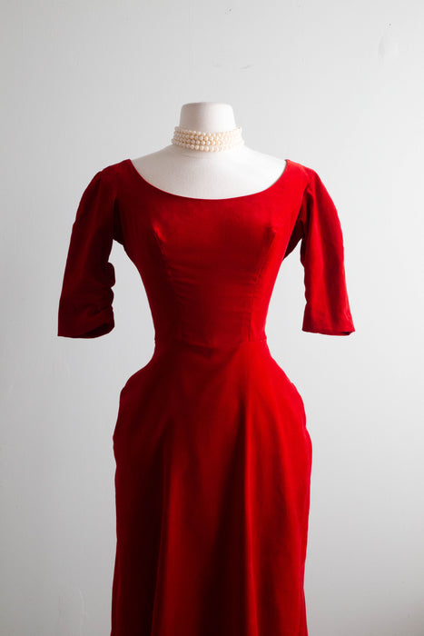 1950's Crimson Red Velvet Cocktail Dress With Bow Back / XS