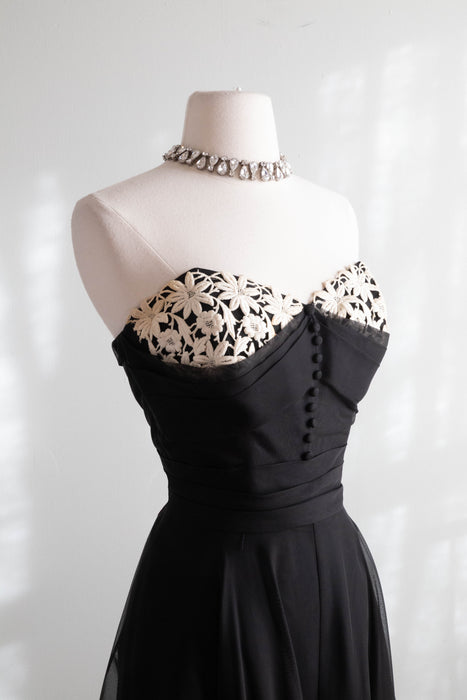 Gorgeous 1950's Black Strapless Evening Dress With Floral Lace Bodice / Waist 26"
