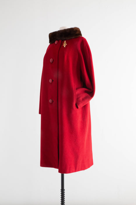 1950's Crimson Cashmere Mink Trimmed Cocoon Coat By Rothmoor / ML