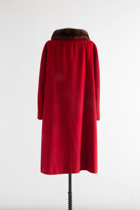 1950's Crimson Cashmere Mink Trimmed Cocoon Coat By Rothmoor / ML