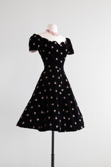 The Cutest 1950's Velvet Party Dress With Pink Embroidered Flowers / Small