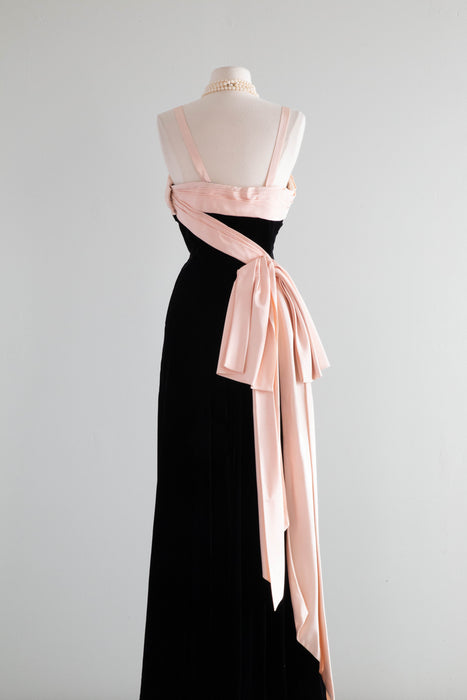 Showstopping 1940's Black Velvet Evening Gown With Pale Pink Sash / Me Xtabay Vintage Showstopping 1940's Black Velvet Evening Gown With Pale Pink Sash / Me Xtabay Vintage