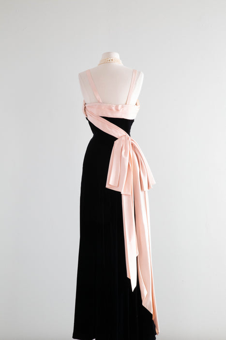 Showstopping 1940's Black Velvet Evening Gown With Pale Pink Sash / Me Xtabay Vintage Showstopping 1940's Black Velvet Evening Gown With Pale Pink Sash / Me Xtabay Vintage