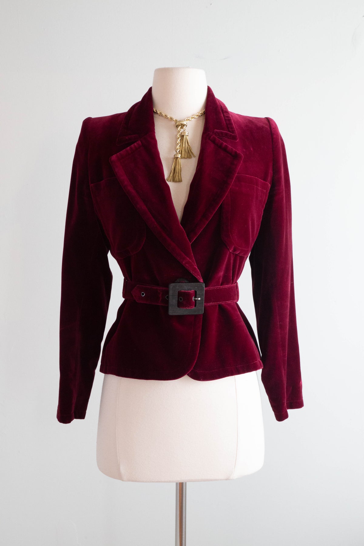 Vintage 1970's Yves Saint Laurent Russian Red Velvet Belted Jacket