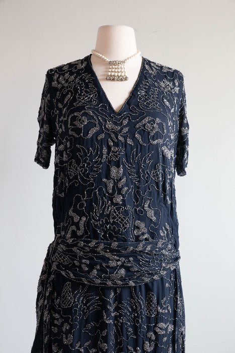 Rare 1920's Beaded Silk Couture Flapper Dress in Midnight Blue / SM