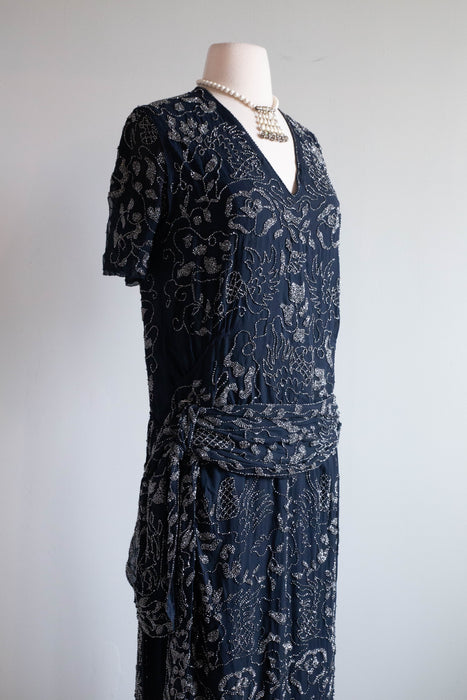 Rare 1920's Beaded Silk Couture Flapper Dress in Midnight Blue / SM