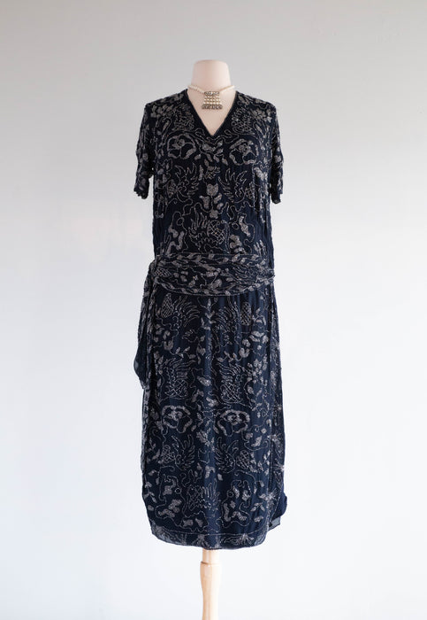 Rare 1920's Beaded Silk Couture Flapper Dress in Midnight Blue / SM