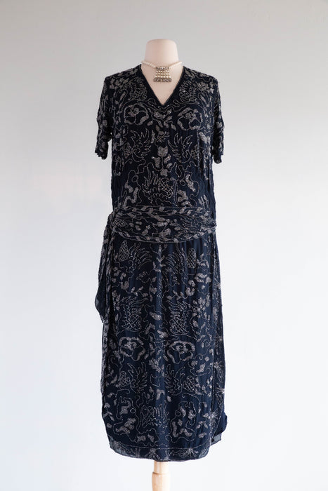 Rare 1920's Beaded Silk Couture Flapper Dress in Midnight Blue / SM