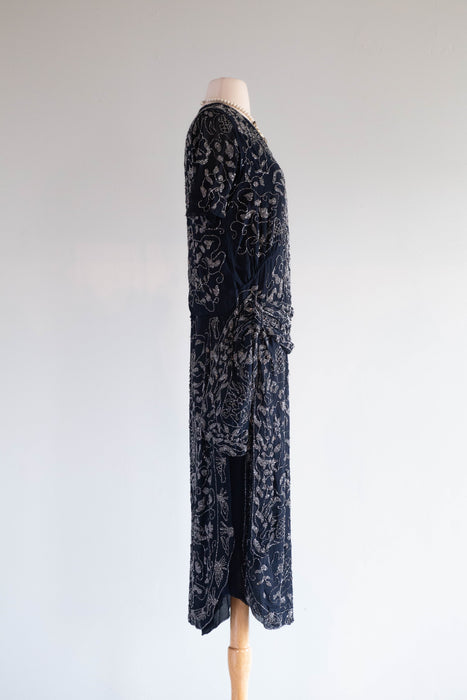 Rare 1920's Beaded Silk Couture Flapper Dress in Midnight Blue / SM