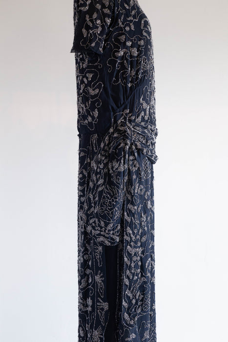 Rare 1920's Beaded Silk Couture Flapper Dress in Midnight Blue / SM