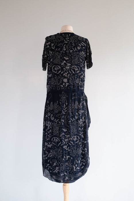 Rare 1920's Beaded Silk Couture Flapper Dress in Midnight Blue / SM