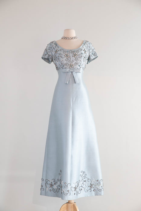Stunning 1960's Mirror Blue Shantung Silk Beaded Evening Gown / M