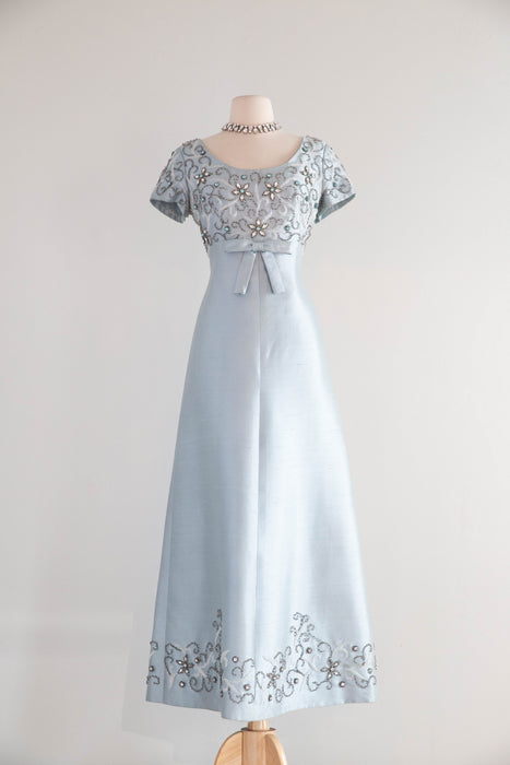 Stunning 1960's Mirror Blue Shantung Silk Beaded Evening Gown / M