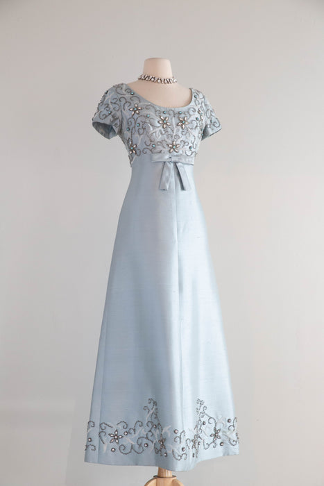 Stunning 1960's Mirror Blue Shantung Silk Beaded Evening Gown / M