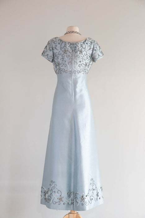 Stunning 1960's Mirror Blue Shantung Silk Beaded Evening Gown / M