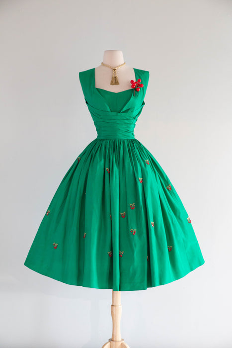 1950’s “Under The Mistletoe” Emerald Green Taffeta Party Dress From Saks / Small