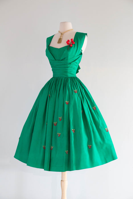 1950’s “Under The Mistletoe” Emerald Green Taffeta Party Dress From Saks / Small