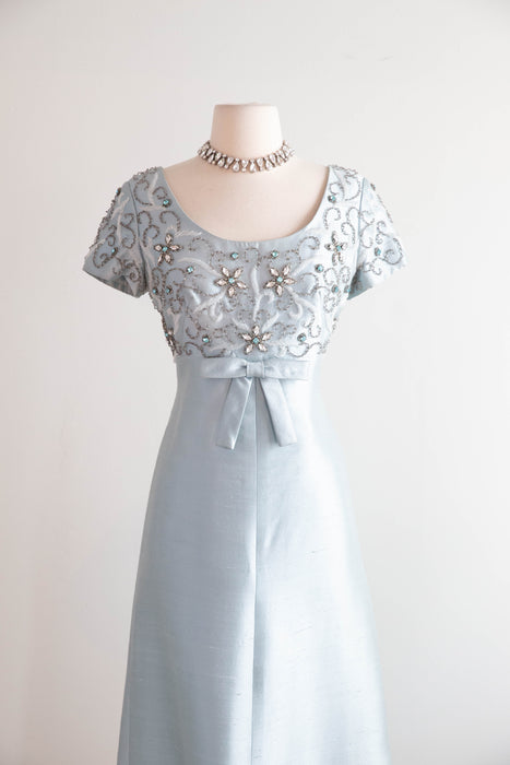 Stunning 1960's Mirror Blue Shantung Silk Beaded Evening Gown / M