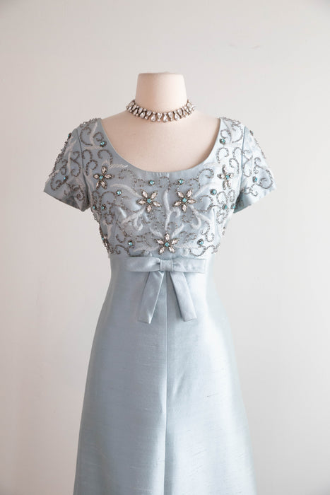 Stunning 1960's Mirror Blue Shantung Silk Beaded Evening Gown / M