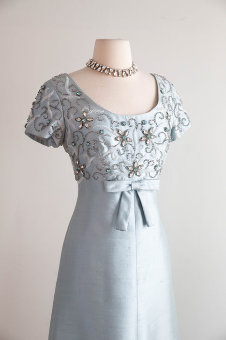 Stunning 1960's Mirror Blue Shantung Silk Beaded Evening Gown / M