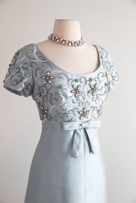 Stunning 1960's Mirror Blue Shantung Silk Beaded Evening Gown / M