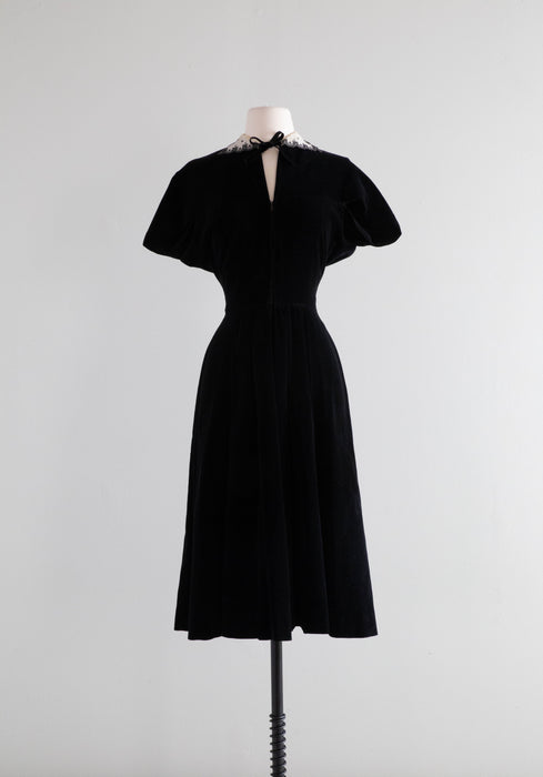 Late 1940's Black Velvet Cocktail Dress With Prim Collar / Small Xtabay Vintage Late 1940's Black Velvet Cocktail Dress With Prim Collar / Small Xtabay Vintage