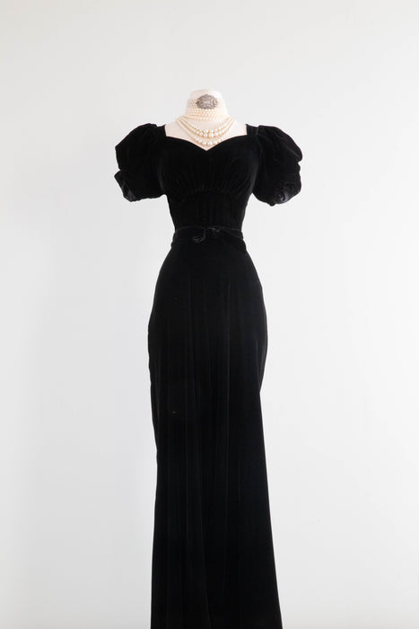 Fabulous 1930's Black Silk Velvet Bias Cut Evening Gown / Medium