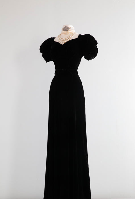 Fabulous 1930's Black Silk Velvet Bias Cut Evening Gown / Medium