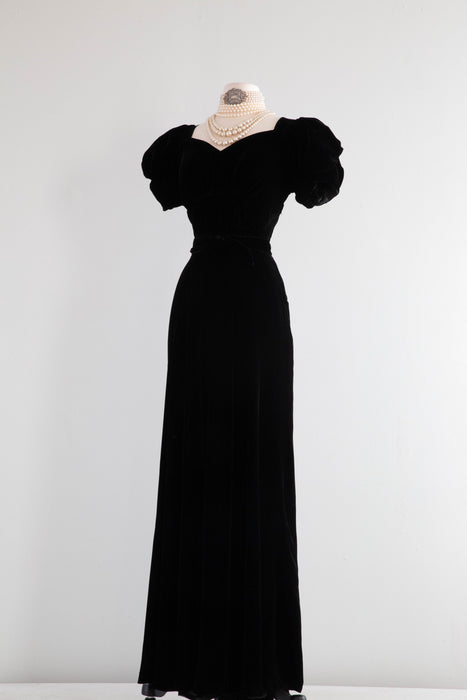 Fabulous 1930's Black Silk Velvet Bias Cut Evening Gown / Medium