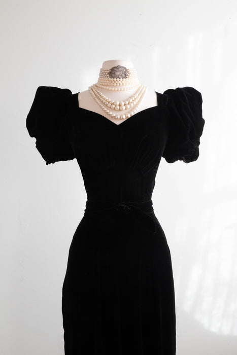 Fabulous 1930's Black Silk Velvet Bias Cut Evening Gown / Medium