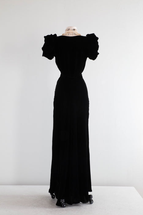 Fabulous 1930's Black Silk Velvet Bias Cut Evening Gown / Medium