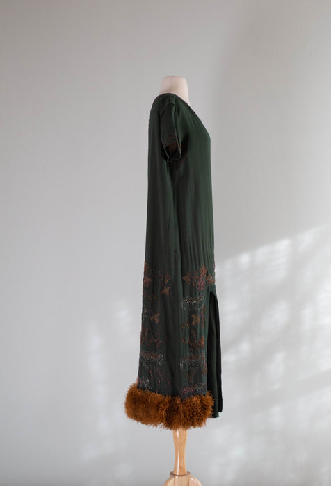 Rare 1920's Forest Green Silk Beaded Flapper Dress With Feather Trim / Xtabay Vintage Rare 1920's Forest Green Silk Beaded Flapper Dress With Feather Trim / Xtabay Vintage