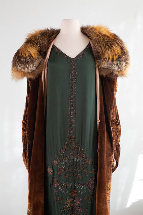 Rare 1920's Forest Green Silk Beaded Flapper Dress With Feather Trim / Xtabay Vintage Rare 1920's Forest Green Silk Beaded Flapper Dress With Feather Trim / Xtabay Vintage