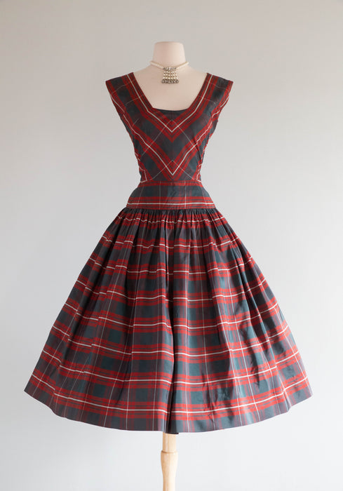 Spectacular 1950's Herbert Sondheim Red & Green Tartan Plaid Silk Part Xtabay Vintage Spectacular 1950's Herbert Sondheim Red & Green Tartan Plaid Silk Part Xtabay Vintage