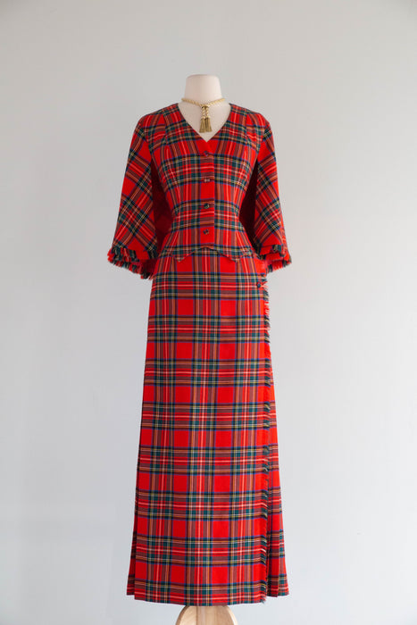 Fabulous 1970's Wool Tartan Plaid "Holiday Hostess With The Mostess" Two Piece Set / M