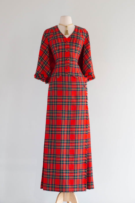 Fabulous 1970's Wool Tartan Plaid "Holiday Hostess With The Mostess" Two Piece Set / M