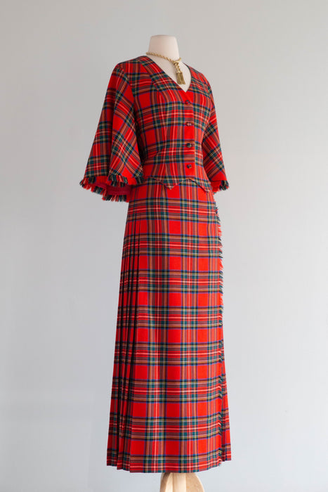 Fabulous 1970's Wool Tartan Plaid "Holiday Hostess With The Mostess" Two Piece Set / M