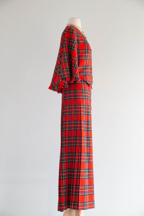 Fabulous 1970's Wool Tartan Plaid "Holiday Hostess With The Mostess" Two Piece Set / M